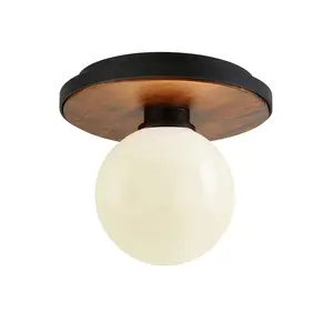 Cadet Flush Mount Ceiling Light - Natural Acacia Wood & Hand-Worked Iron with White Glass Diffuser