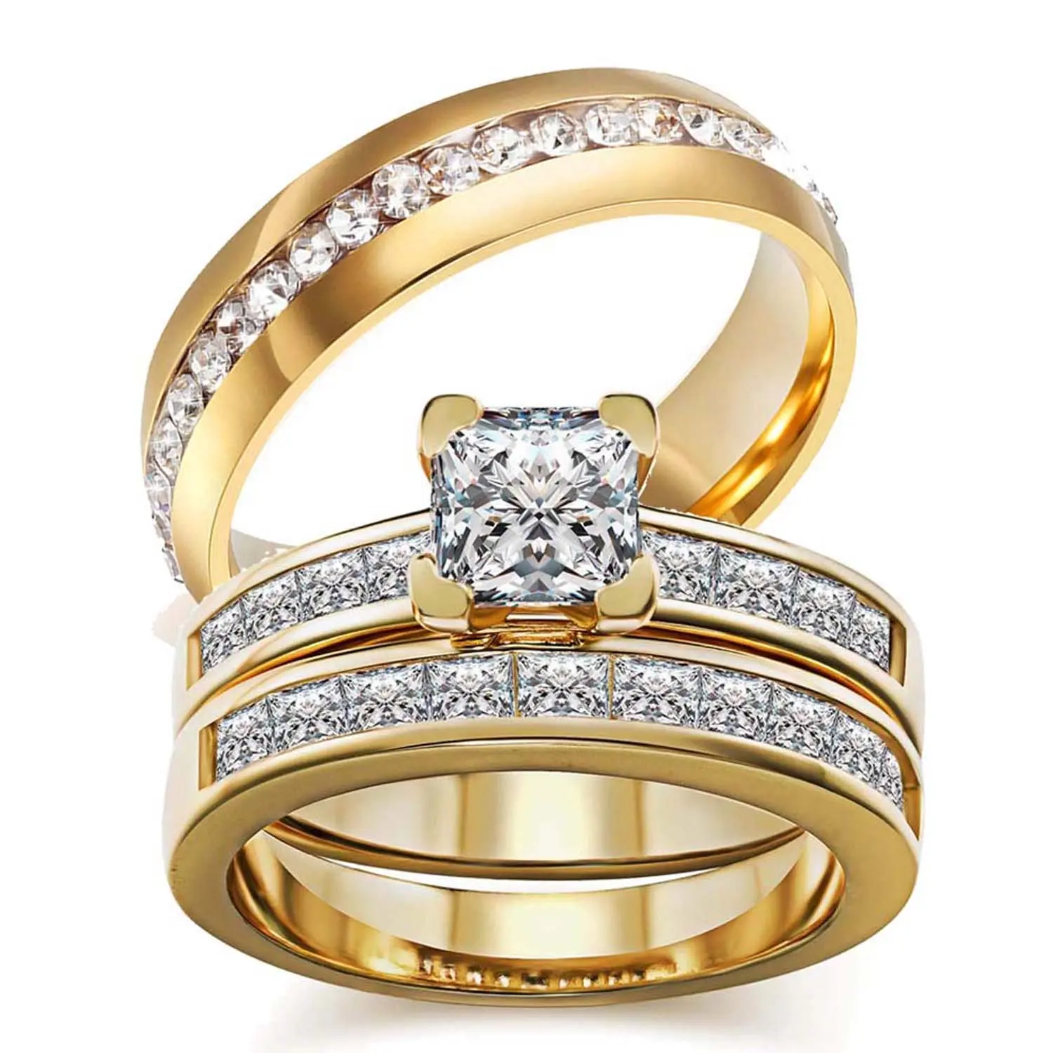 Ringcrown Couple Rings Matching Rings Princess Cut 1ct AAA CZ Yellow Gold Plated 2pcs Women Wedding Ring Sets For Him And Her Ring Sets Men Titanium Steel Wedding Band