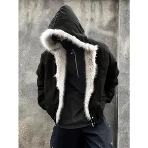 Men's Full-Zip Hooded Jacket with Fur-Like Collar - Winter Warm Filled, Beige/Black, Hand-Washable Cold-Weather Coat for Outdoor/Streetwear/Casual