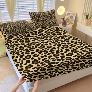 Classic Leopard Print Fitted Sheet Set and 2 Coreless Pillowcases, Beige Base Color, Full Print Classic Brown-Black Gradient Leopard Spots, Soft Anti-Wrinkle Easy Wash, Vintage Bedroom Decor, Gift Choice