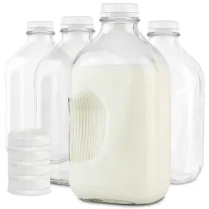 Stock Your Home Half Gallon Glass Milk Bottle with Lid (4 Pack) 64 Oz Jugs and 8 White Caps, Reusable Food Grade Milk Container for Refrigerator, Bottles for Juice, Oat or Plant Milks, Water, Honey