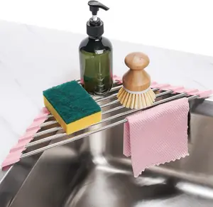 Triangle Foldable Dish Drying Rack, Small Roll-Up Stainless Steel Over Sink Drainer for Kitchen Sink Corner, Rustproof Multipurpose Organizer(Pink)