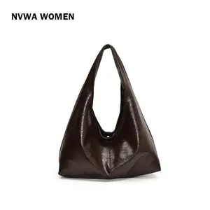Trendy Chocolate Brown Hobo Bag Women's Glazed PU Leather Roomy Shoulder Bag Large Capacity Handbag Lightweight for Work Travel Casual