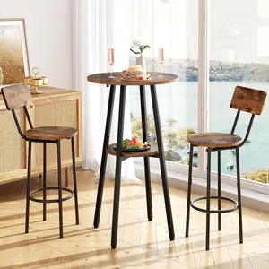 3 count Round Bar Height Table and Chairs Set, Round Dining Table Set, Pub Table and Chairs for Small Space, 2 Tier Kitchen Table and Bar Stools with , Rustic Brown BF35BT01