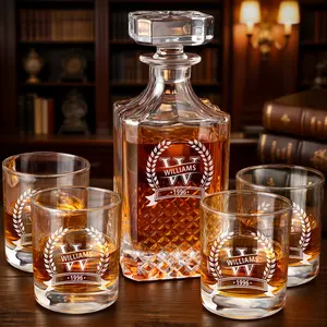 Personalized Engraved Whiskey Decanter Set of 5 – Custom Name & Year | Gift for Him, Dad, Husband | Premium Bar Set