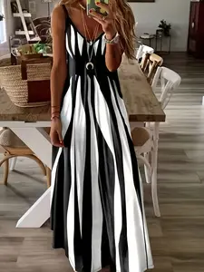 Plus Size Multicolor Abstract Stripe Halter Dress, European Style Waist Cinching Slimming Chic, Casual Midi Dress for Vacation, Casual Wear Lady Fit Womenswear