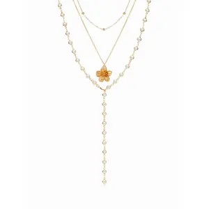 Cider FLOWER & FAUX PEARL LAYERED NECKLACE