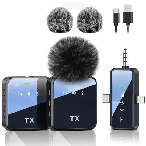 3 in 1 Microphone for iPhone/Android/Camera, Wireless Lavalier Microphone, 328ft Transmission, 18H Battery Life, Mini Microphone for Record Interview, Vlogs, YouTube