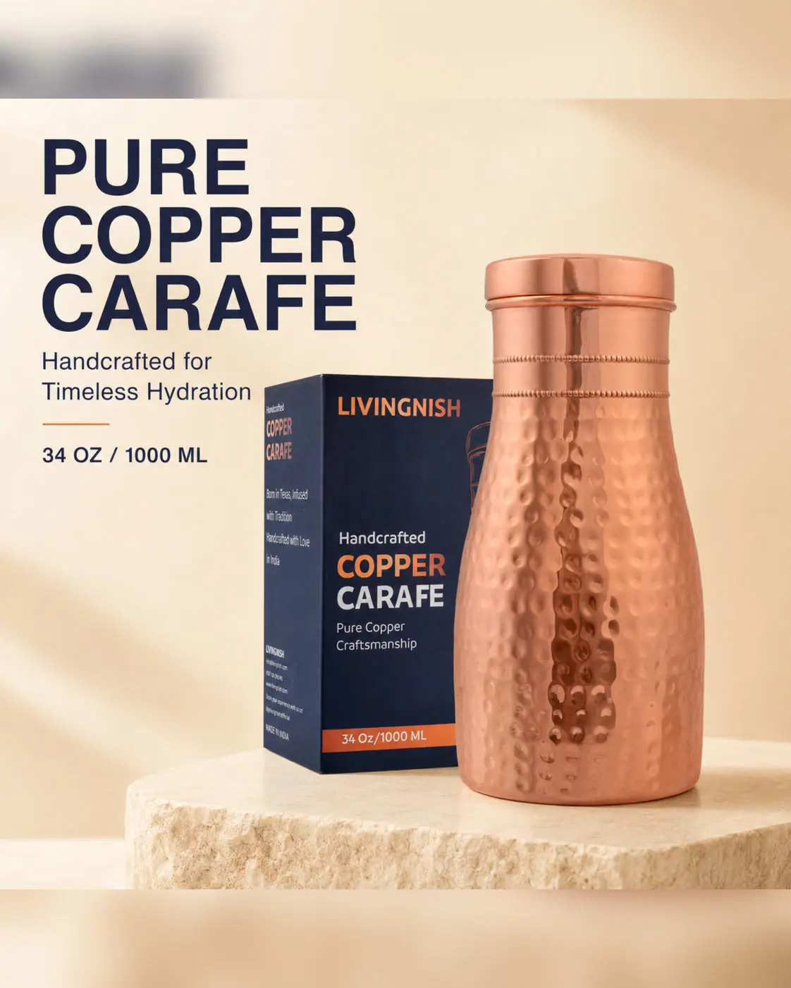 Livingnish Pure Copper Carafe with Convertible Lid Cup – 34 oz / 1000 ml, Handcrafted Hammered Finish