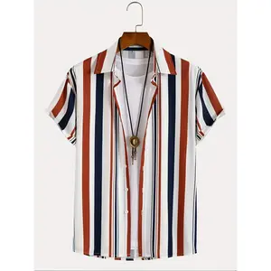 Men's striped printed short sleeved shirt, summer casual and comfortable button up front collar top, fashionable men's daily wearRAIMENTRY