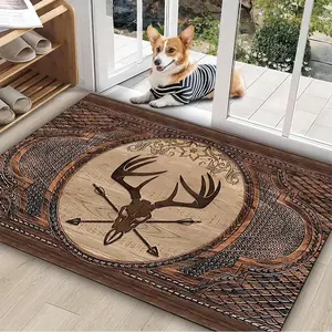 Deer Hunter Sculpture Wood Pattern Welcome Doormat - Crystal Velvet & Silicone Bottom Dirt-Resistant Non-Slip Entrance Rug for Living Room/Kitchen/Bedroom/Bathroom, Patio/Home/Farmhouse Decor, Rectangle, Machine Made