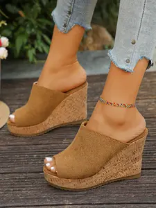 Women's Summer New Thick Sole Wedge Sandals, Open Toe Backless Fabric Slip-On Slippers, Casual Comfortable Soft Shoes for Women