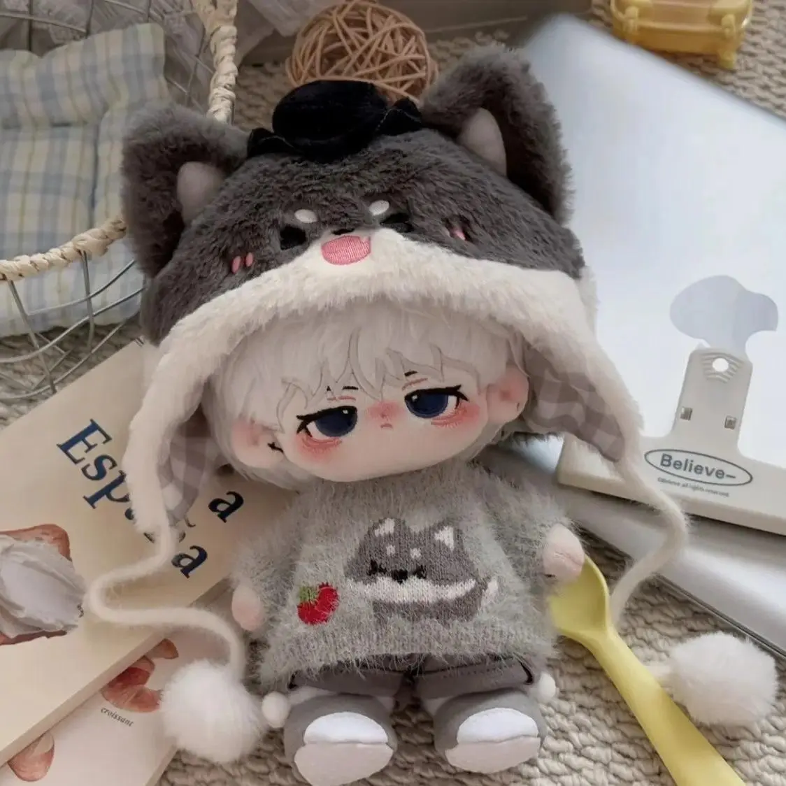 Kawaii 20cm Plush Doll Clothes, Cute Gray Wolf Dog 6-Piece Set with Hoodie Scarf Vest Pants Shoes, Cartoon Animal Winter Outfit