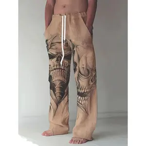 Men'sLoose-FitSkullPrintJoggers-White&GraySkeletonDesign,PolyesterBlend,CasualSportPantswithDrawstringWaist,MachineWashable,Clothing|SkullPrintPants|DrawstringWaistband