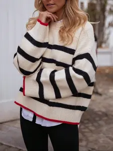 Women's Striped Loose Knit Sweater, Simple Gentle Style, Perfect for Spring/autumn/winter, Ideal for Christmas, Halloween, Everyday Casual Womenswear, Knitted Pullover