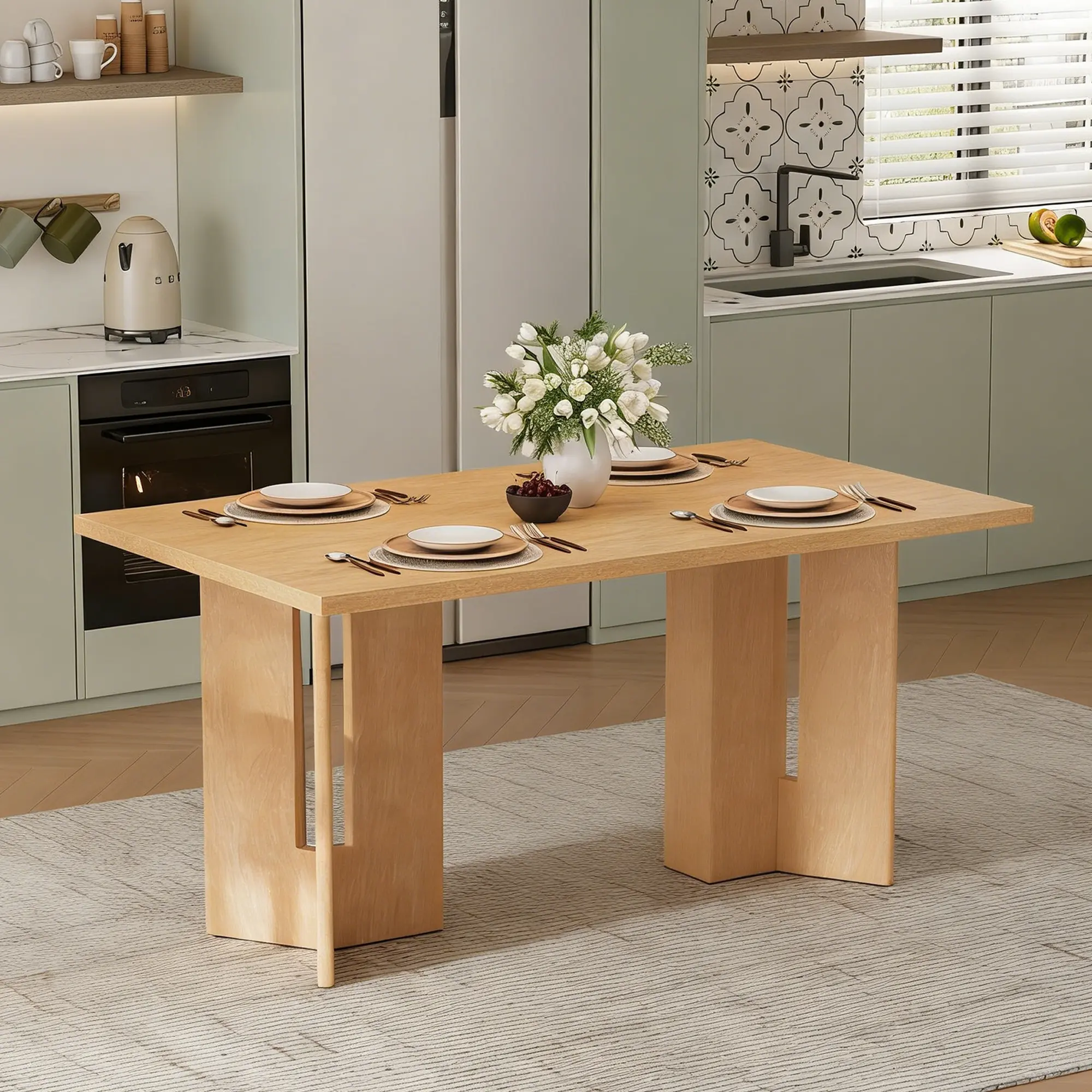 Farmhouse 60" Rectangular Solid Wood Dining Table, Sturdy Kitchen Table with Cutout Legs, Rustic Farmhouse Decor for Dining Room Kitchen Living Room, Natural Wood Wash Wood Kitchen Table Wooden Tabletop