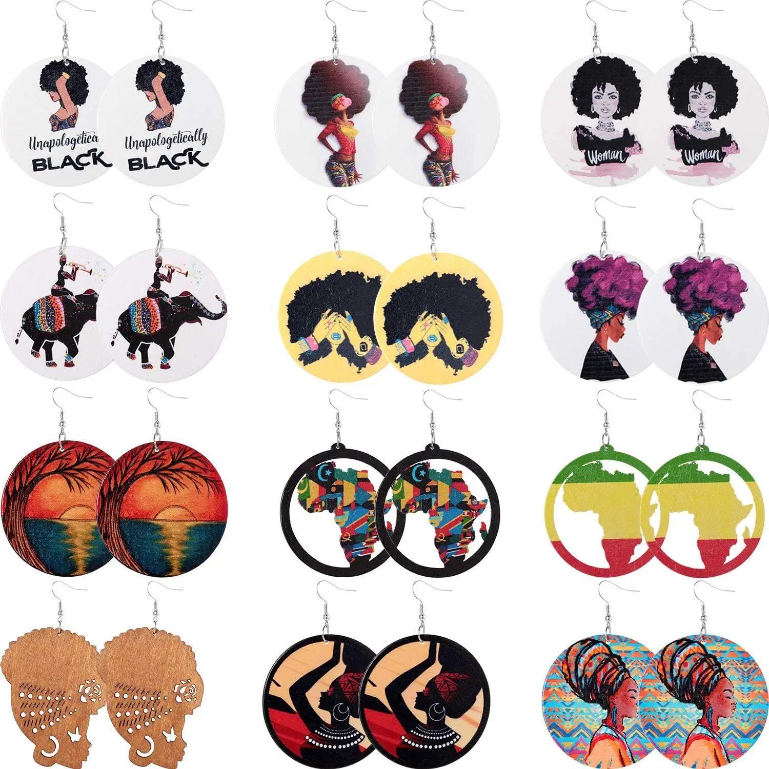 12 Pairs African Map Women Earrings Round Natural Wooden Painted Earrings Ethnic Style(Classic Patterns)
