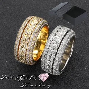 Men's 12MM Spinner Fidget Rings 5A+ Cubic Zirconia Chain Rotation Ring for Men Motorcycle Biker Bicycle Chain Ring Cool Punk Rock Bands Male Boys Jewelry Gifts for His US Size 7-11