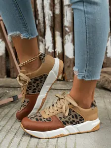 Women's Leopard Print Camo Lace-Up Sneakers, Low-Top Comfortable Fashion Shoes, Versatile Running & Casual Footwear