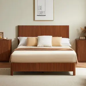 Queen Size Wooden Bed Frame with Corrugated Curved Lines Sturdy Iron Frame Sound Insulation Easy Assembly 82.50x60.24x44.50 Inches No Box Spring Needed