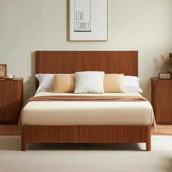 Bellemave Queen MDF Curved Bed Frame - Nordic Wood-Finished, Heavy-Duty Iron Support, Corrugated Lines, Sound Insulation, Rounded Corners, Quick Assembly, 82.5x60.24x44.5in, No Box Spring Needed, Rustic Charm for Bedroom Decor Ideas