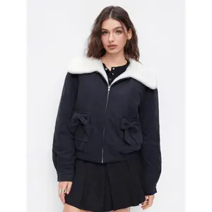 Cider Corduroy Collar Bowknot Zip Through Oversized Jacket