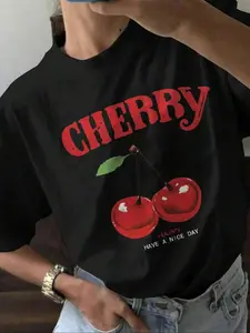 Women's Cherry Print Round Neck Tee, Fashion Casual Letter Print T-shirt for Daily Wear, Ladies Summer Clothes,Casual Summer T-Shirt with Crew Neck,viral graphic tees
