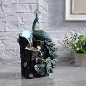 Tabletop Peacock Waterfall Fountain, 13.39" Indoor Water Feature with Rotating Glass Globe & LED Light-Up Base, Desktop Zen Fountain for  Office Relaxation Decor (23048)