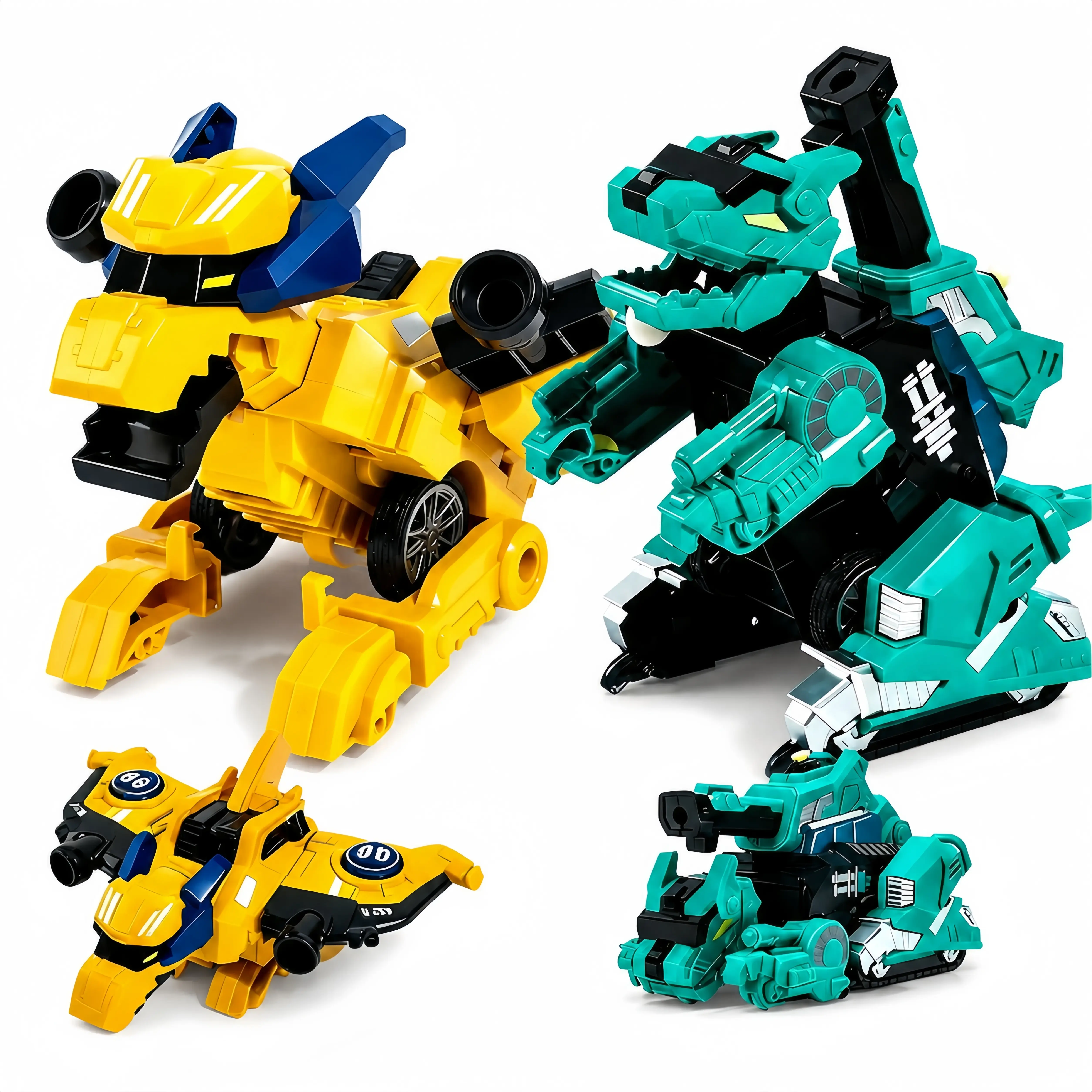 2Pcs Crash Transforming Dinosaur Toy Cars - Inertial Sliding Fighter Jet to Pterosaur & Tank to T-Rex, Press to Shoot Projectiles, Friction Powered Toy for Boys Kids Ages 3+