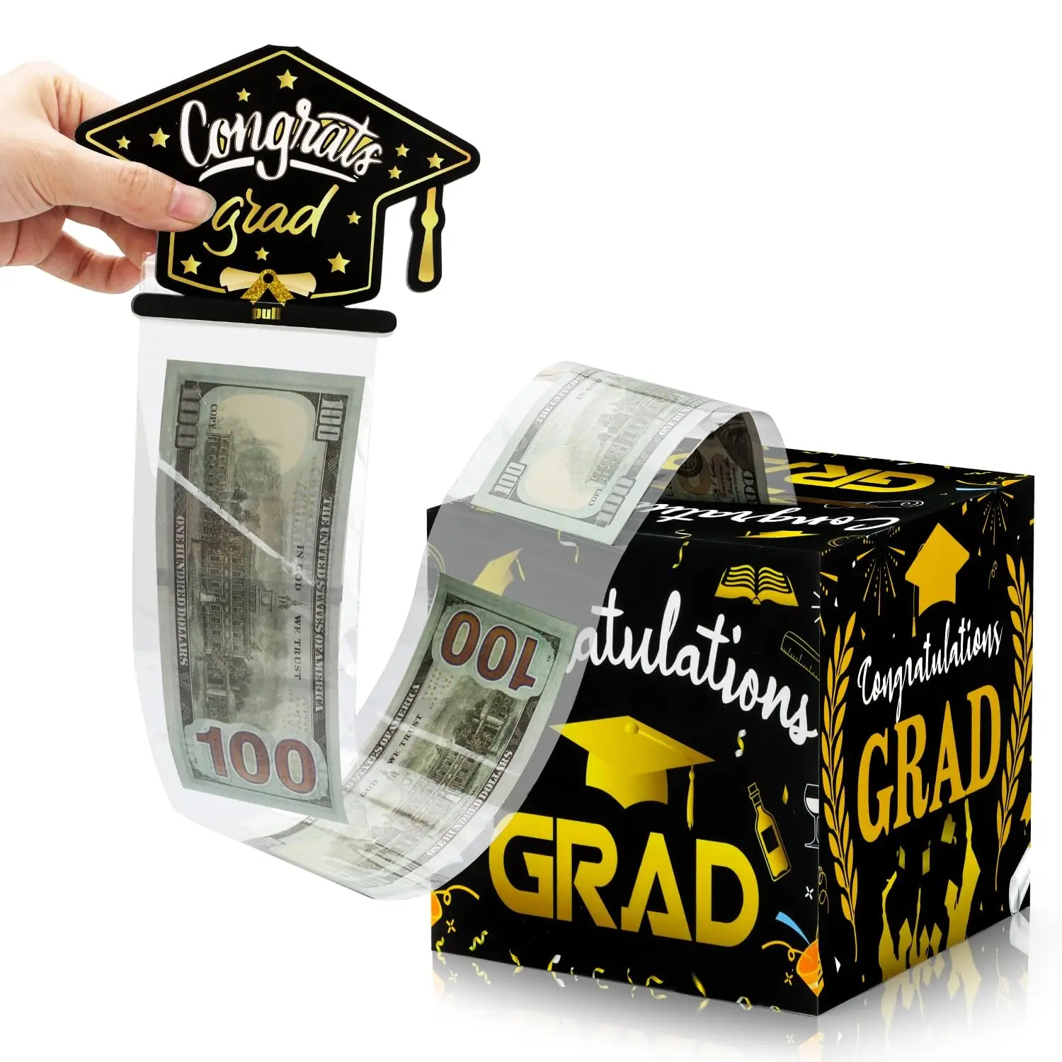 2026 Graduation Money Box for Cash Gift Congrats Grad Black and Gold Pull Surprise Box Gift Container with 50 Pcs Transparent Bags for Graduation Gift College High School Party Supplies Gift Boxes Graduation Gift Wrapping