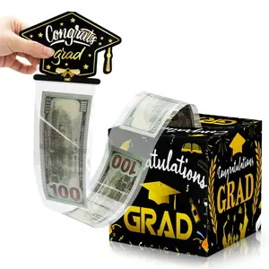 2026 Graduation Money Box for Cash Gift Congrats Grad Black and Gold Pull Surprise Box with 50 Pcs Transparent Bags for Graduation Gift College High School Party Supplies