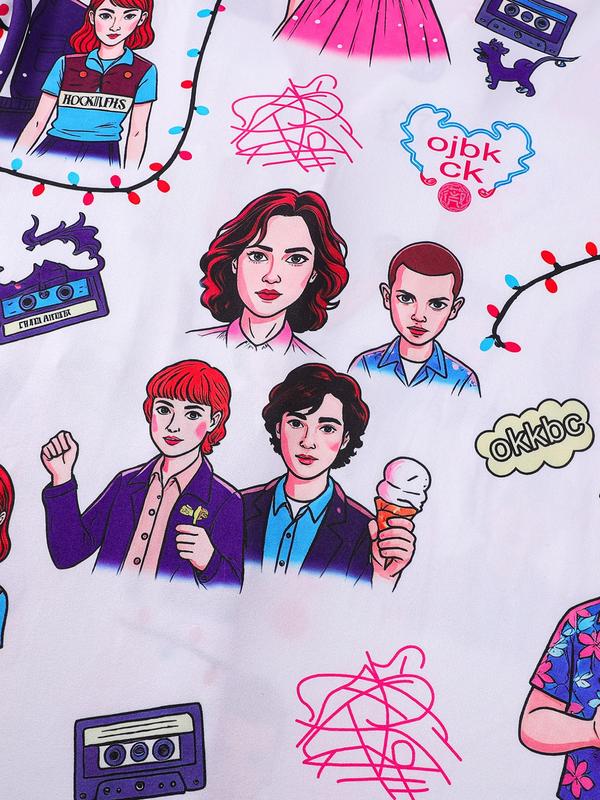 2-Piece 80s Retro Character Print Pajama Set Loungewear - Retro TV Series Themed Short-Sleeve Pants (Button-Up Collar + Elastic Waist) - Suitable for Adults at Home / TV Binge-Watching