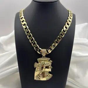 Cadena Cubana Laminada Oro 14K 10mm x 27” con Dije Faraón