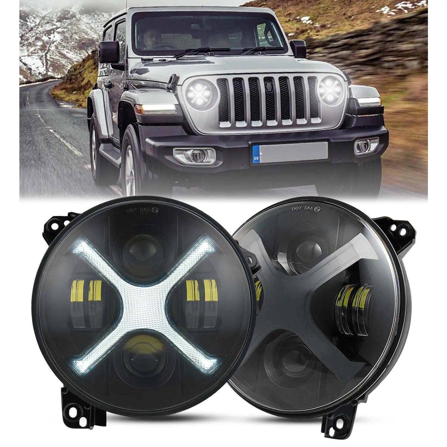 9" X-Style Headlight Assemblies with White DRL, Amber Turn Signal for Jeep Wrangler JL/JLU 2018-2023