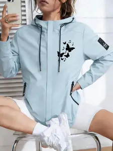 Women s Trendy Hooded Jacket 2 Colors Available With Butterfly Music Note Print Easy Pull Zipper Loose Fit Soft Fabric Minimalist Design Casual Versatile Daily Commute Weekend Outings Streetwear Fashion Outerwear
