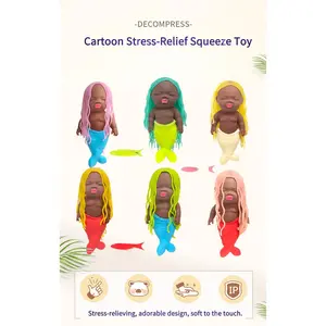 "Ugly-Cute" Long-Haired Mermaid Princess Stress Relief Toy - Black Soft-Gel Squeezable Palm-Sized Doll