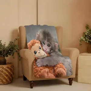 Cute Baby Monkey Flannel Blanket, Monkey Hug Plush Throw, Adorable Animal Fleece Blanket, Cozy Nursery Blanket, Kawaii Monkey Gift, Soft Cartoon Animal Throw Blanket