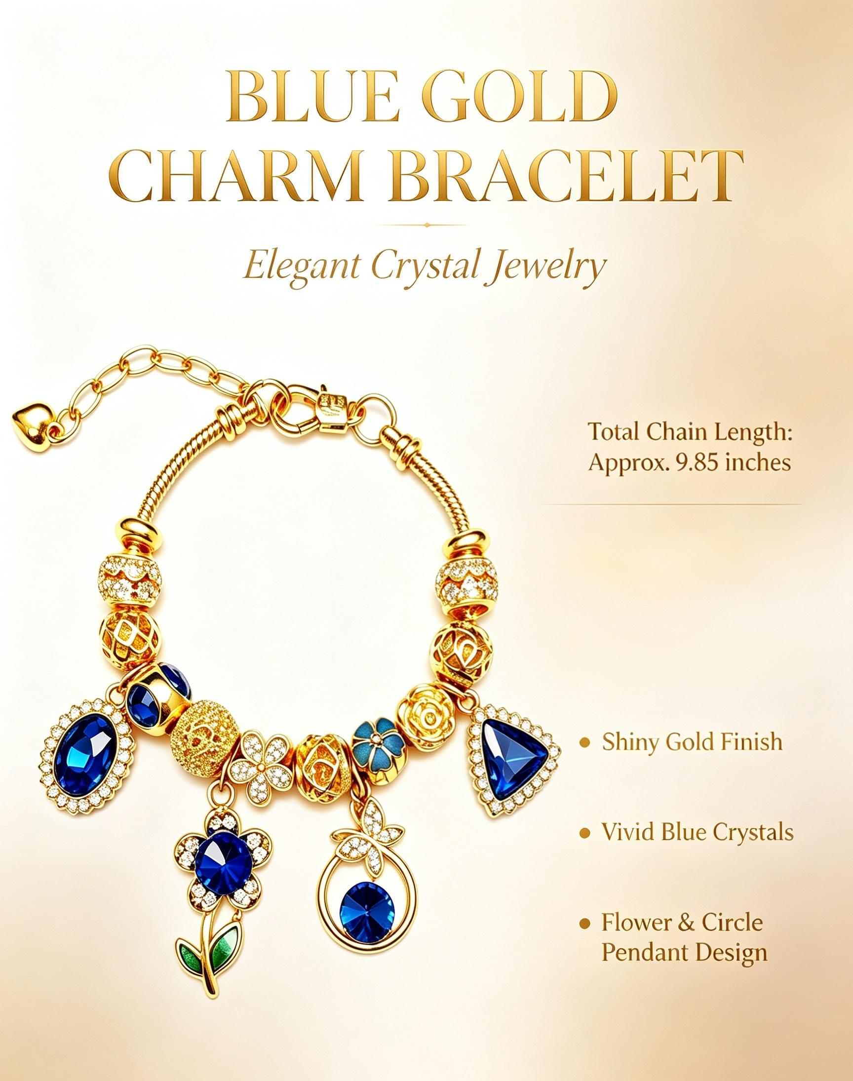 Blue Crystal Flower Charm Bracelet, Gold Tone Adjustable Snake Chain Beaded Bracelet with Gem Pendant, Fashion Jewelry Gift for Women Girls