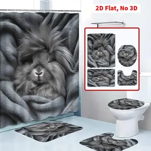 4 Pcs Gray Bunny Pattern Shower Curtain Set Gray Bathroom Accessories Soft Non - slip Bathroom Floor Mat Shower Curtain with Hooks Toilet Cover Mat Home Decor Bathroom Accessories Machine Washable the bathroom is full of gentle small details
