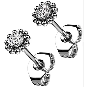 Beaded Clear CZ Titanium Threadless Earrings
