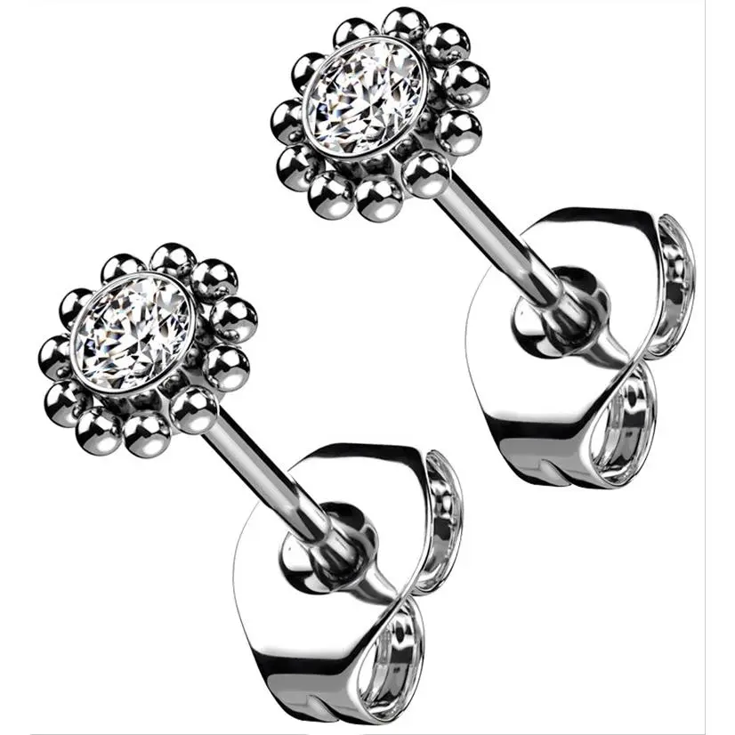 Beaded Clear CZ Titanium Threadless Earrings