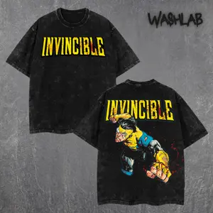Retro 2000s Invincible Inspired Graphic Tee Double Sided Print Dark Superhero Moment Oversized Acid-Washed Heavyweight Cotton T-Shirt – Unisex Movie Tee, Perfect Gift for Comic and Lovers Menswear Tops