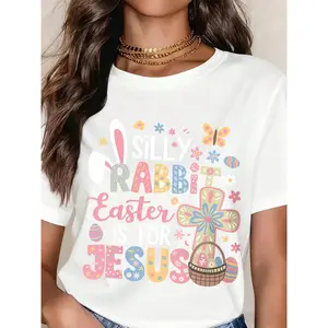 180g[100%cotton]"Silly Rabbit, Easter Is For Jesus" Graphic Print T-Shirt |   Christian Themed Casual Top for Women & Girls, Spring Season & Holiday Wear, Faith-Based Apparel