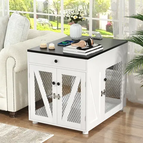 VOWNER Dog Crate Furniture, Wooden Dog Kennel End Table with USB Charging Station, Storage Drawer, Double Latched Door, Furniture-Style Crate Side Table for Medium Dogs Under 40 lbs Indoor Use