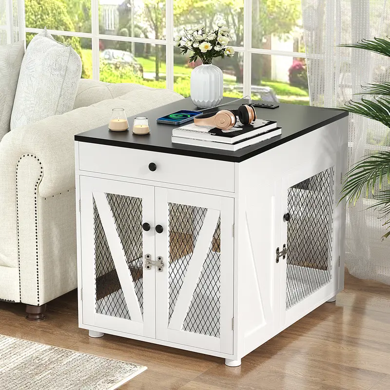 VOWNER Dog Crate Furniture, Wooden Dog Kennel End Table with USB Charging Station, Storage Drawer, Double Latched Door, Furniture-Style Crate Side Table for Medium Dogs Under 40 lbs Indoor Use