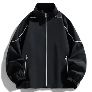 Men's Black Jacket with White Trim - Stand Collar Design, Zipper Closure, Ideal for Street Style & Active Casual Looks