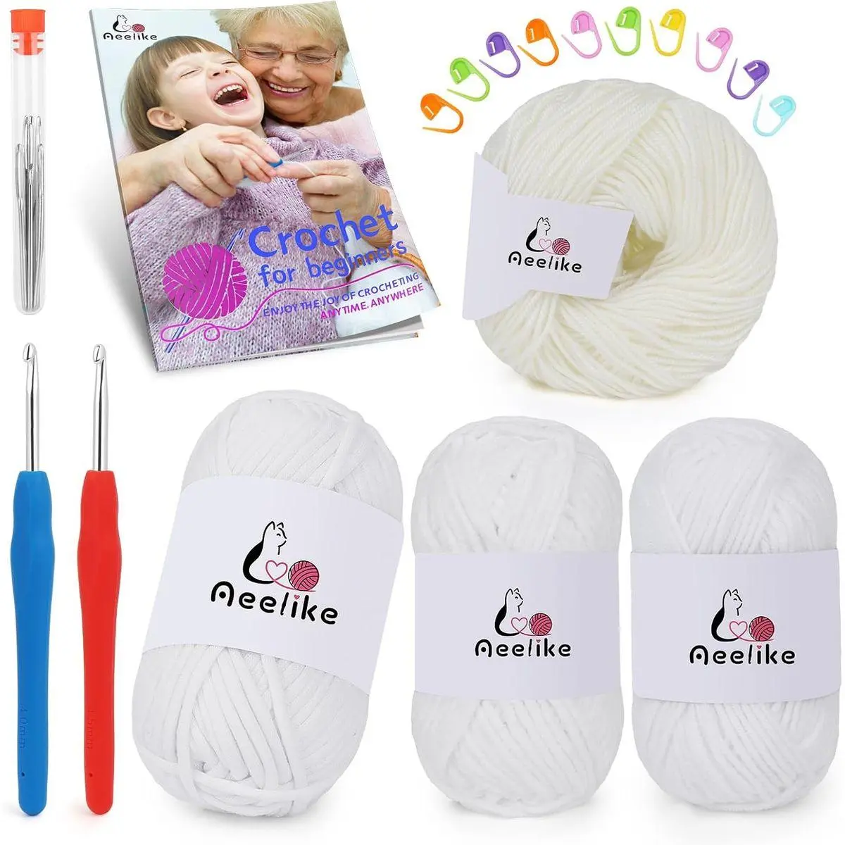 Yarn for Crocheting w 2 Ergonomic Hooks(G&7),Beginner Crochet Yarn White, Ideal Starter Crochet Set for Beginners 4 Different Materials(Polyester,Cotton Yarn, Acrylic, Milk Cotton,)
