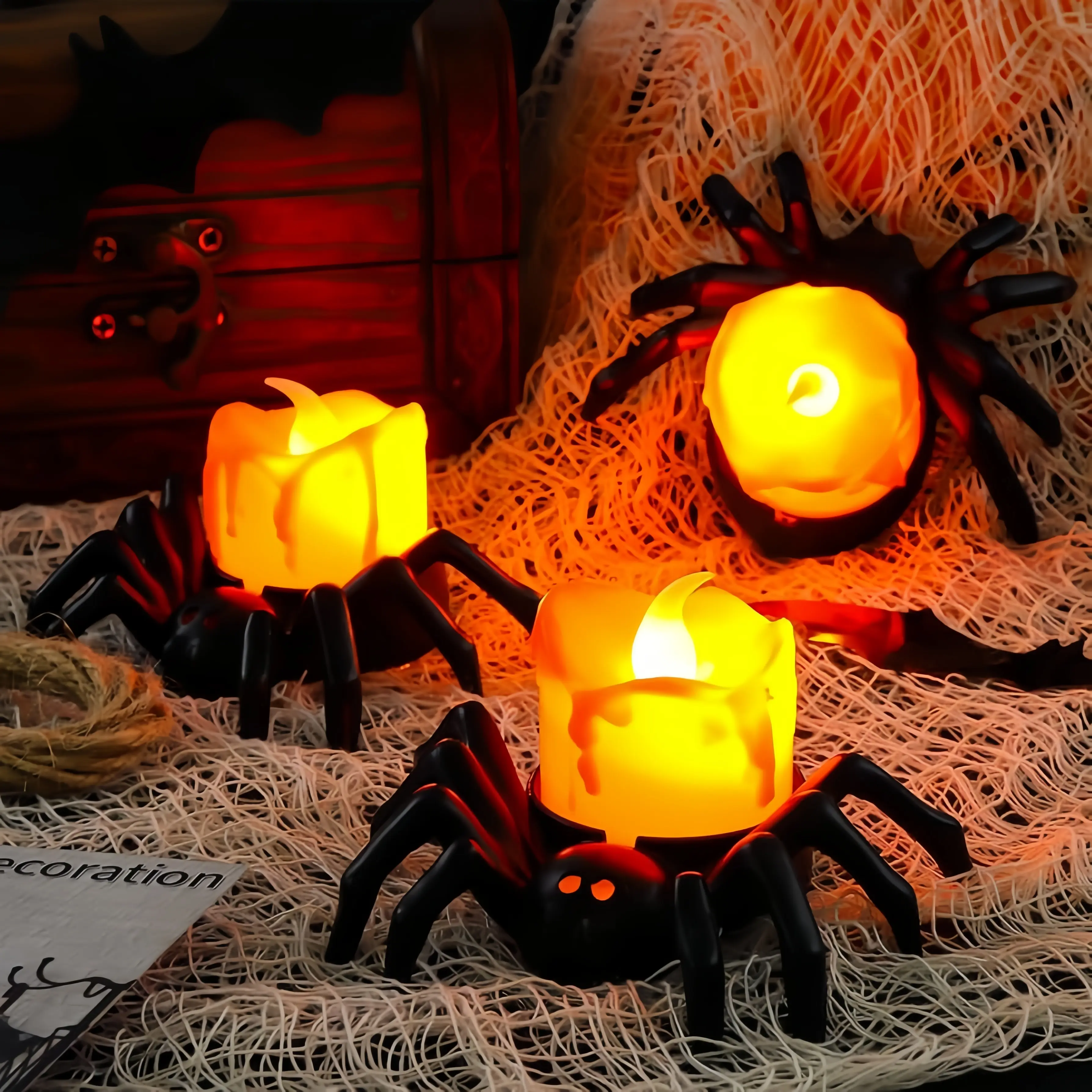 12 Halloween tea candles, battery-powered flameless Halloween LED candles, spider-shaped tea candles, spooky realistic spider candles, perfect for Halloween party decorations, vintage Halloween decorations