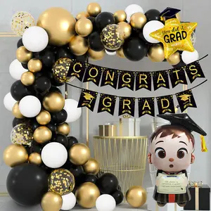 125pcs 2025 Graduation Season Black Gold Latex Balloons Garland Arch Kit GRAD Banner for Graduation Ceremony Party Background Decoration Supplies