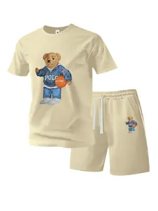 Men’s summer regular-fit cotton short-sleeve T-shirt and shorts set featuring a basketball bear graphic print. Fashionable casual menswear two-piece with pockets—sports elastic-waist drawstring pants for running, golf, fishing, basketball, camping, gym, s